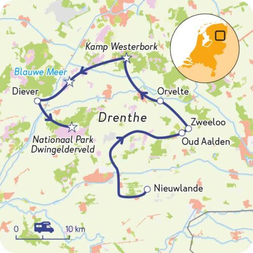 Routekaartje rondje zwerven door Drenthe langs brinkdorpen